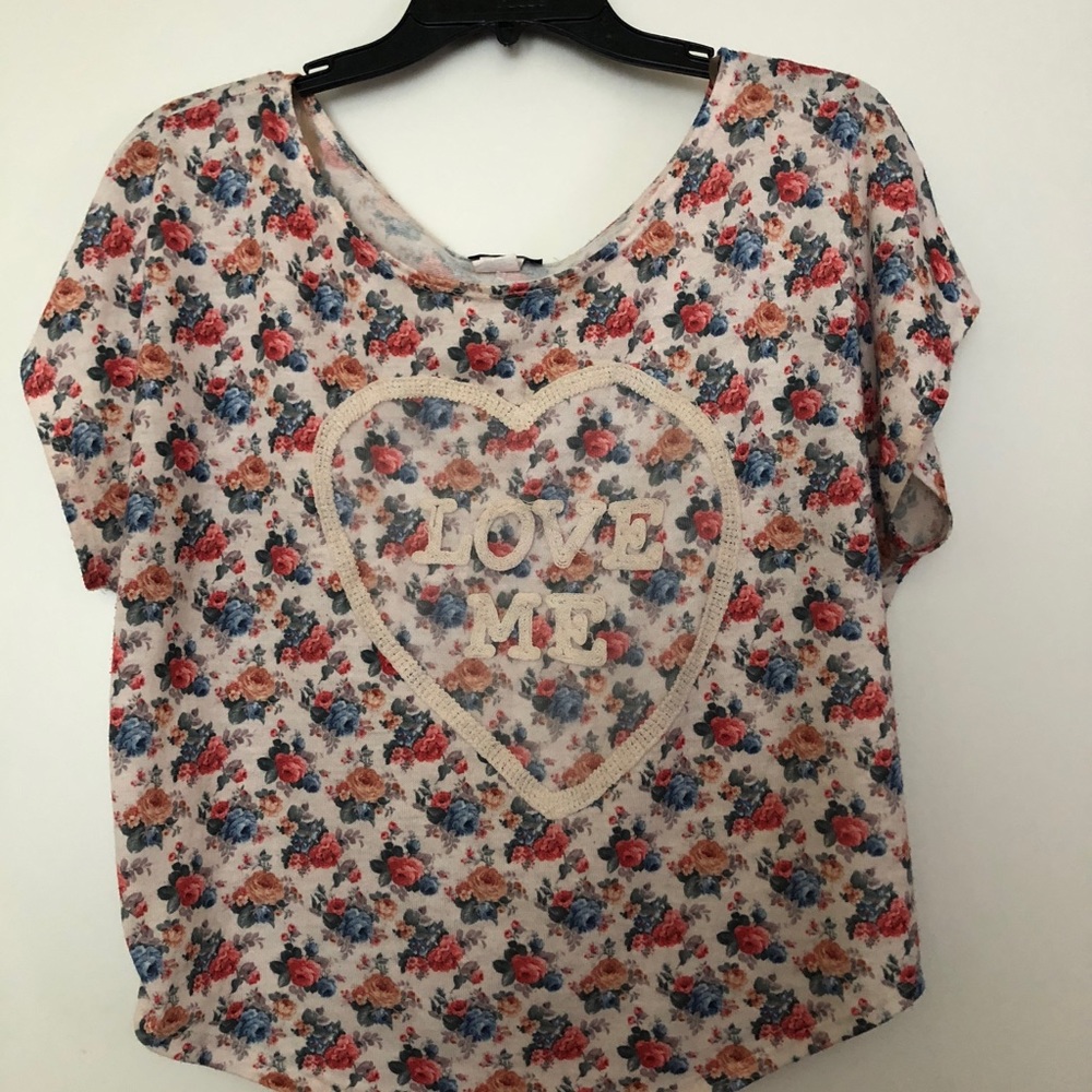 Floral “Love Me" scoop-neck shirt